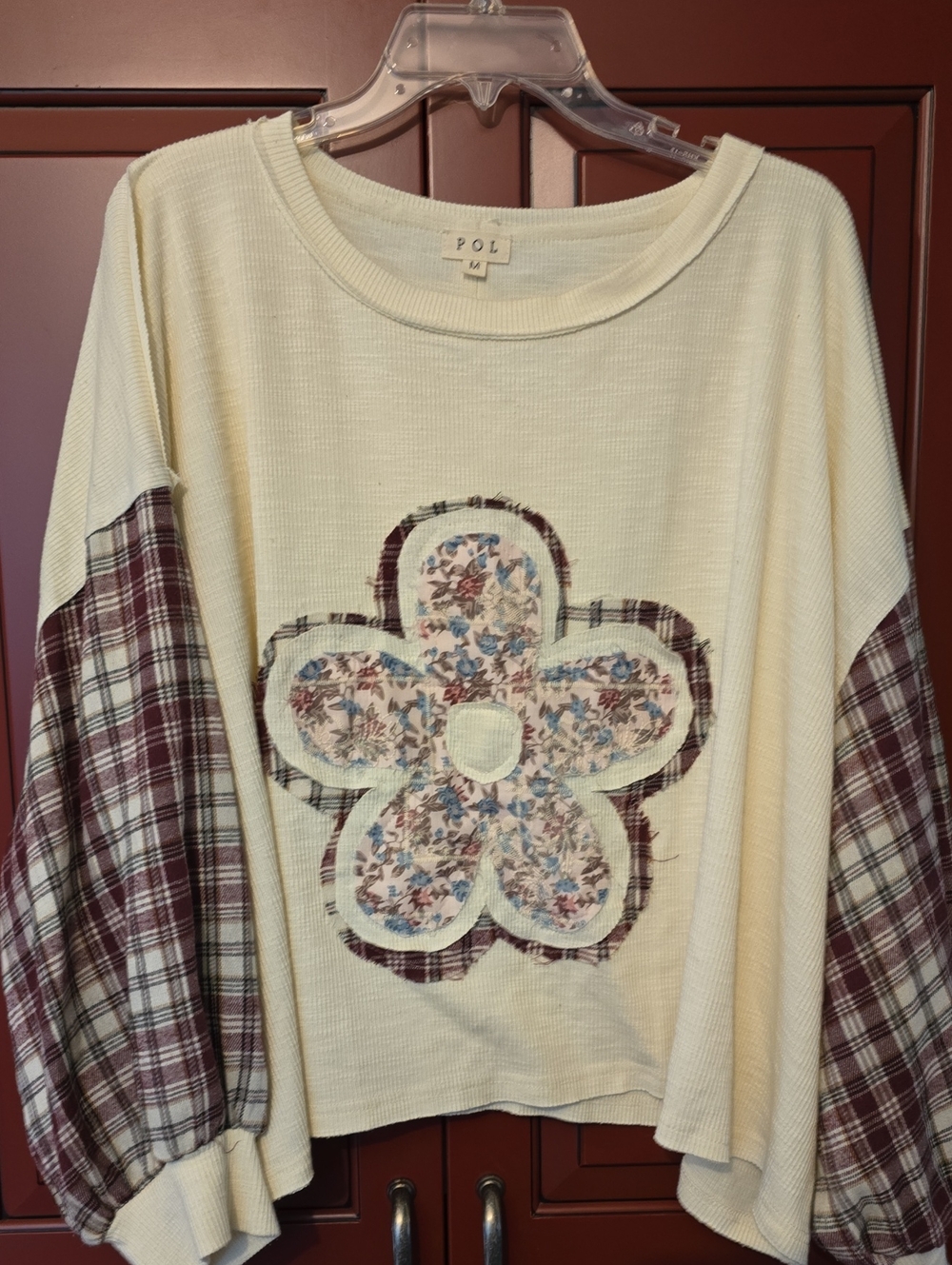 POL Cream Floral Patchwork Sweatshirt with Plaid Balloon Sleeves